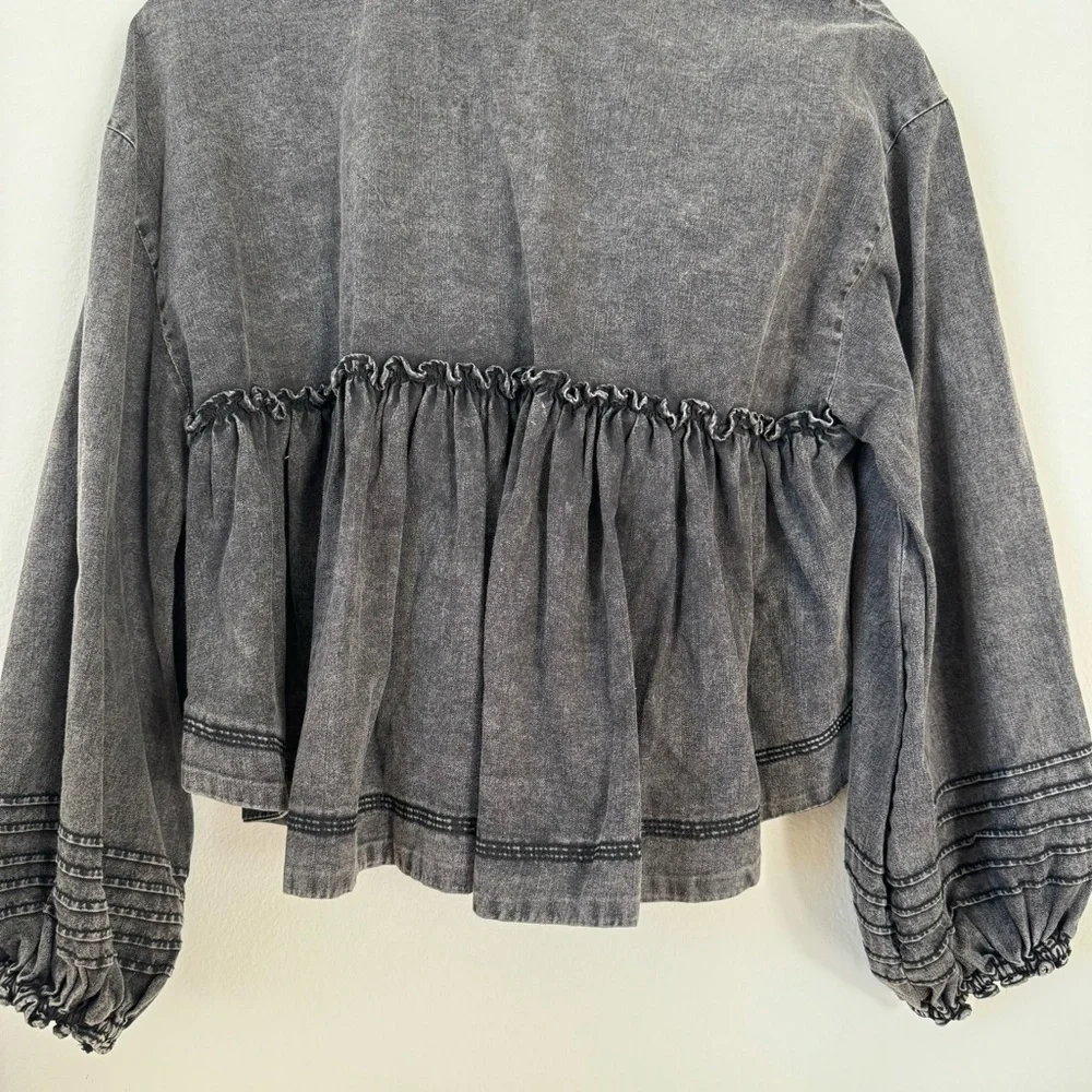 Free People Charlotte Gray Acid Denim Blouse Puff Sleeves XS Boho